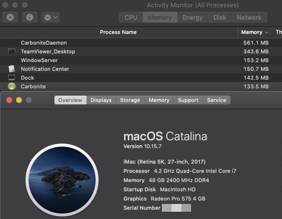 Carbonite Installed on a Mac using 57.8GB of RAM and 96% of the processor